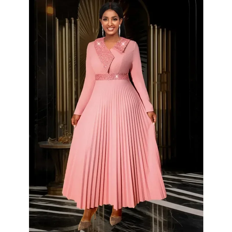 Elegant Women Long Dresses V Neck Sequins Patchwork Long Sleeve A Line Pleated Evening Cocktail Event Outfits for Ladies 3XL