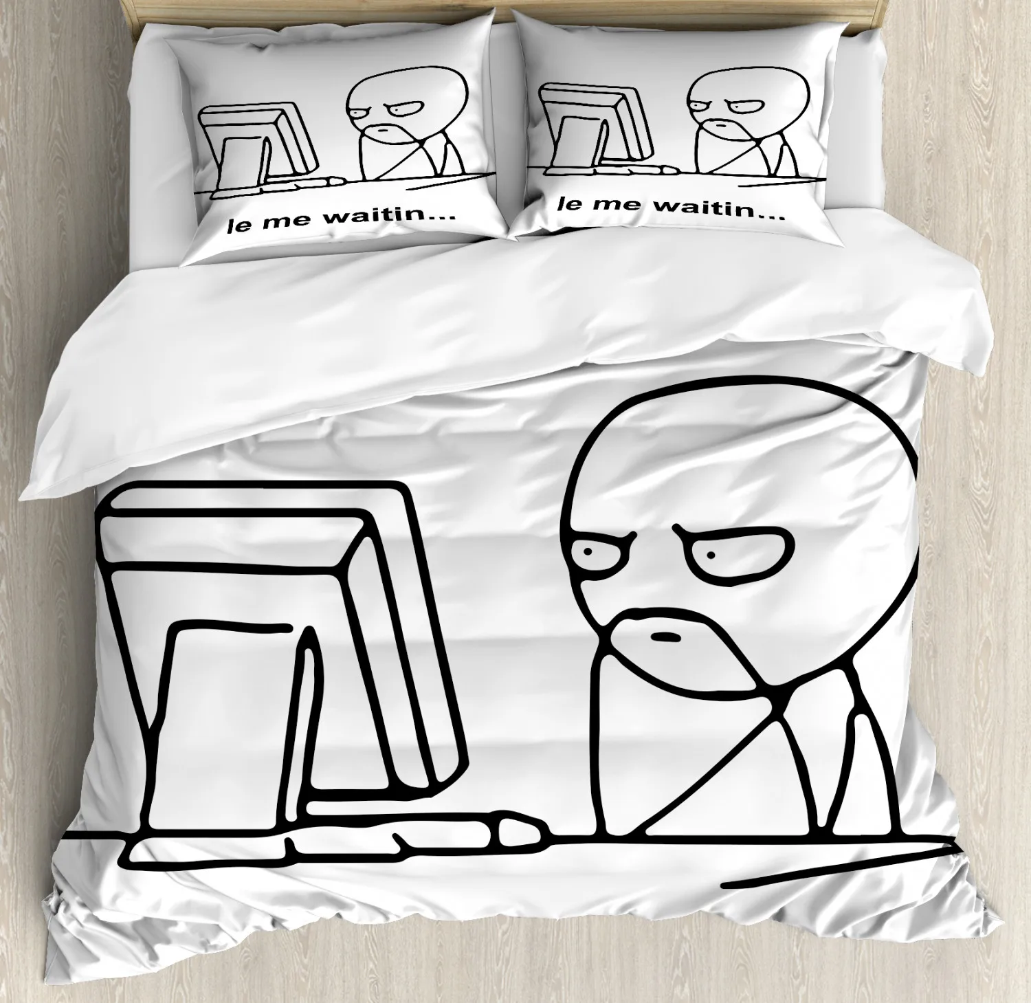 Humor Decor Queen Size Duvet Cover Cartoon Style Troll Face Guy with Popular Artful Facial Expression Soft Polyester Bedding Set