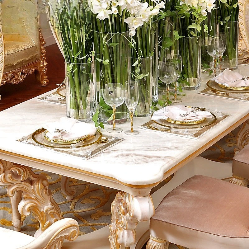 Meubles de salle à manger, table sculptée en bois massif, table à manger rectangulaire en marbre naturel et combinaison de chaises