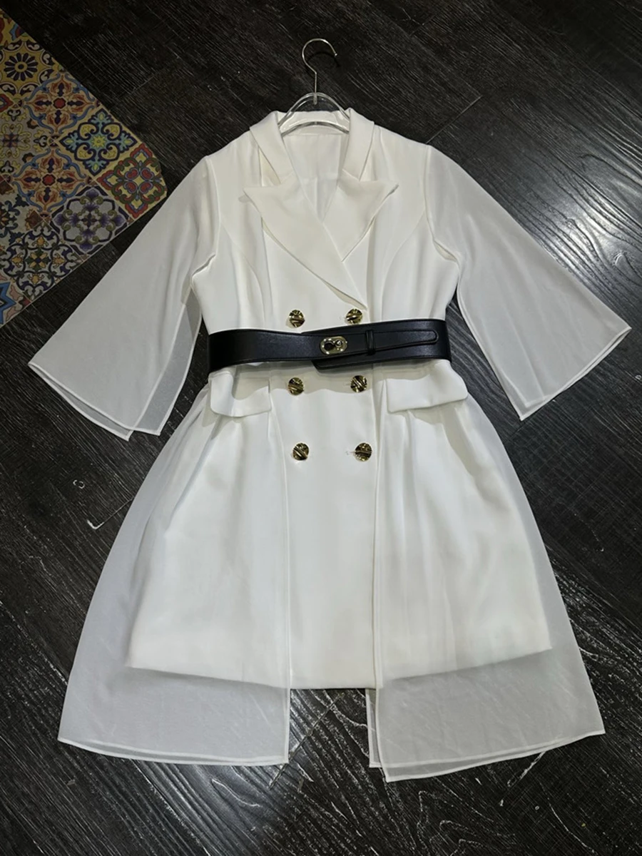 TWOTWINSTYLE Solid Sheer Spliced Belt Temperament Dresses for Women Lapel Half Sleeves Patchwork Double Breasted Dress Female