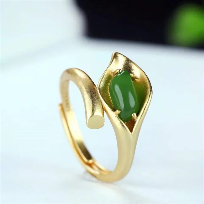 Hot Selling Natural Hand-carved 925 Silver Gufajin Inlaid Jade Tree Leaves Ring Fashion Jewelry Men Women Luck Gifts