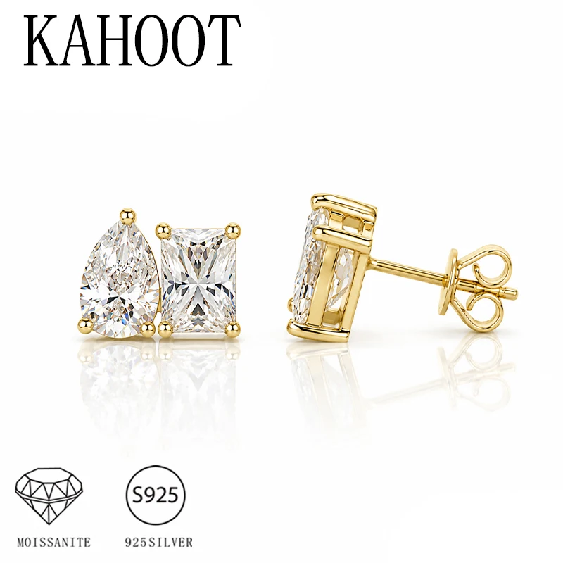 A Pair of 925 Sterling Silver 1-Carat Teardrop-Shaped Moissanite and 1-Carat Rectangular-Cut Moissanite Geometric Stud Earrings