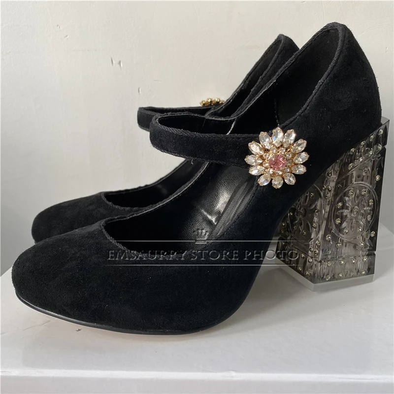 Multicolor Luxury Suede Banquet Shoes Woman Diamond Rhinestone Square Chunky Heel Buckle Belt Spring Women Pumps