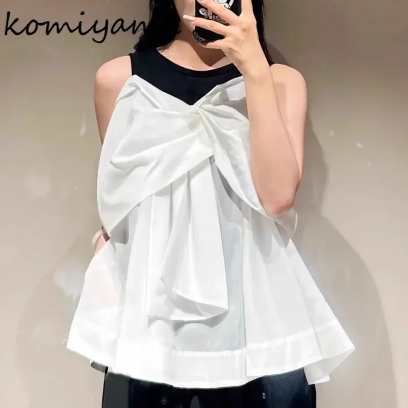 Hit Color Patchwork Bow Shirts & Blouses 2025 Woman Blusas Off Shoulder Ropa Mujer Fake Two Piece Camisas Kink Design Blusa