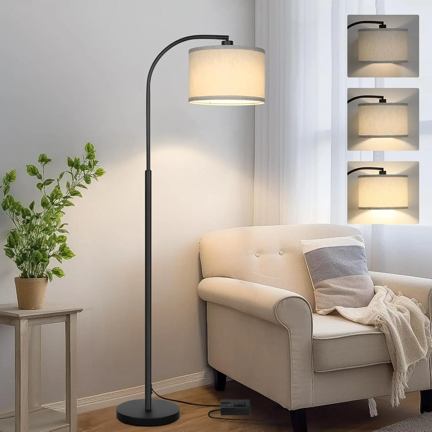 

Modern Arc Floor Lamp with Adjustable Shade, Black Pedal Switch for Living Room Bedroom Study, 9W LED Bulb Included