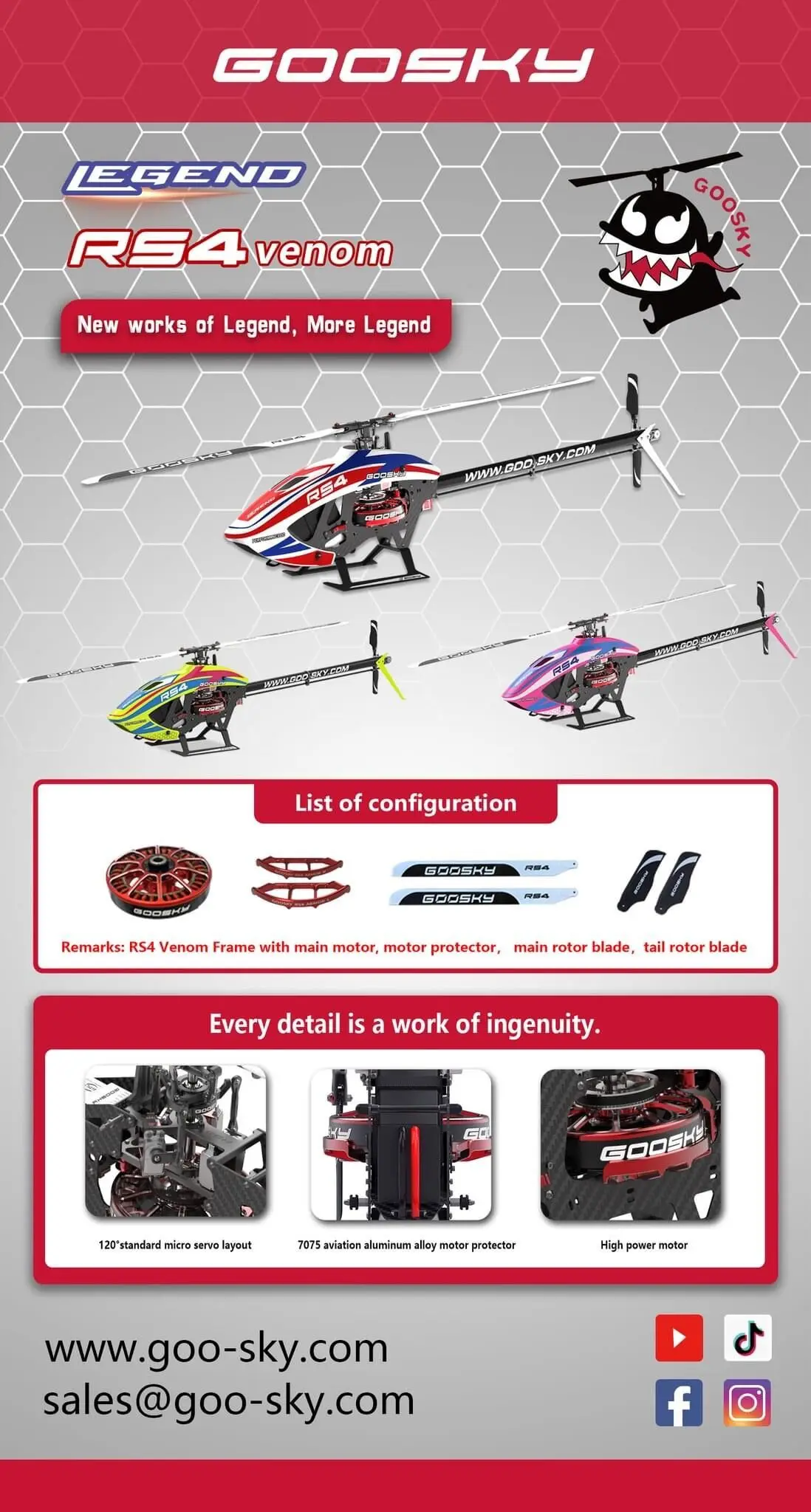 In Stock GooSky RS4 VENOM Legend 6CH 3D Direct Drive Brushless Motor 380 Class Flybarless RC Helicopter Kit Version