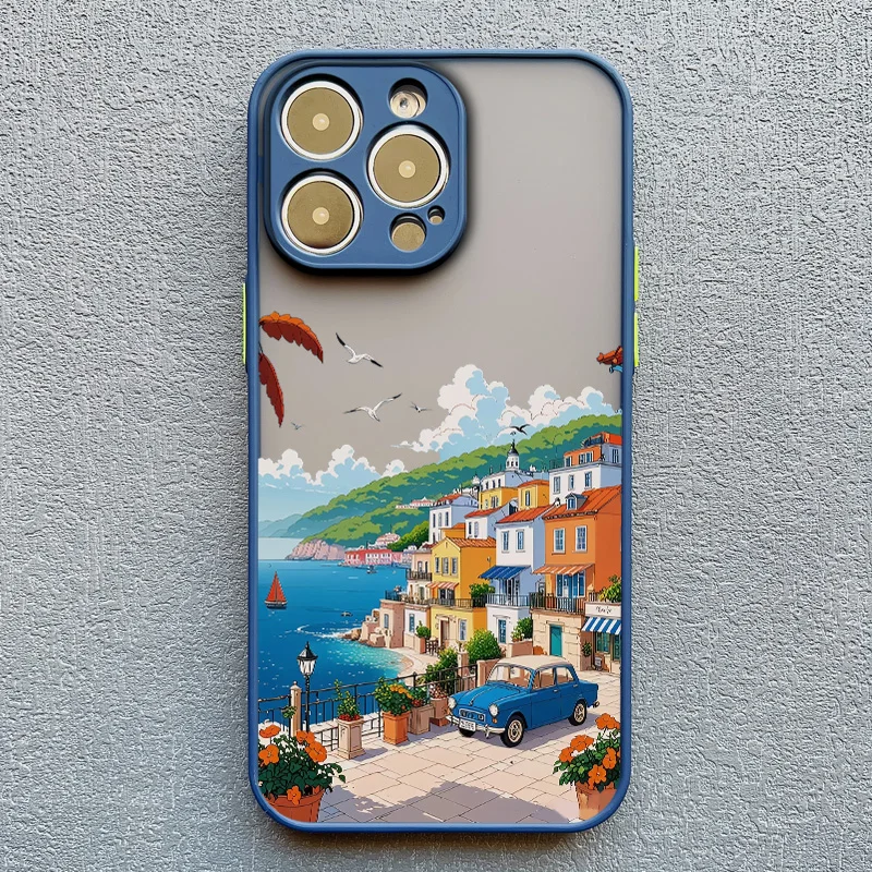 Strandlandschaft Küstenstadt Handyhülle für iPhone 17 15 16 14 Pro Max Plus 13 12 Mini 11 Pro Max XS XR X Blaue Hüllen – Detail 4