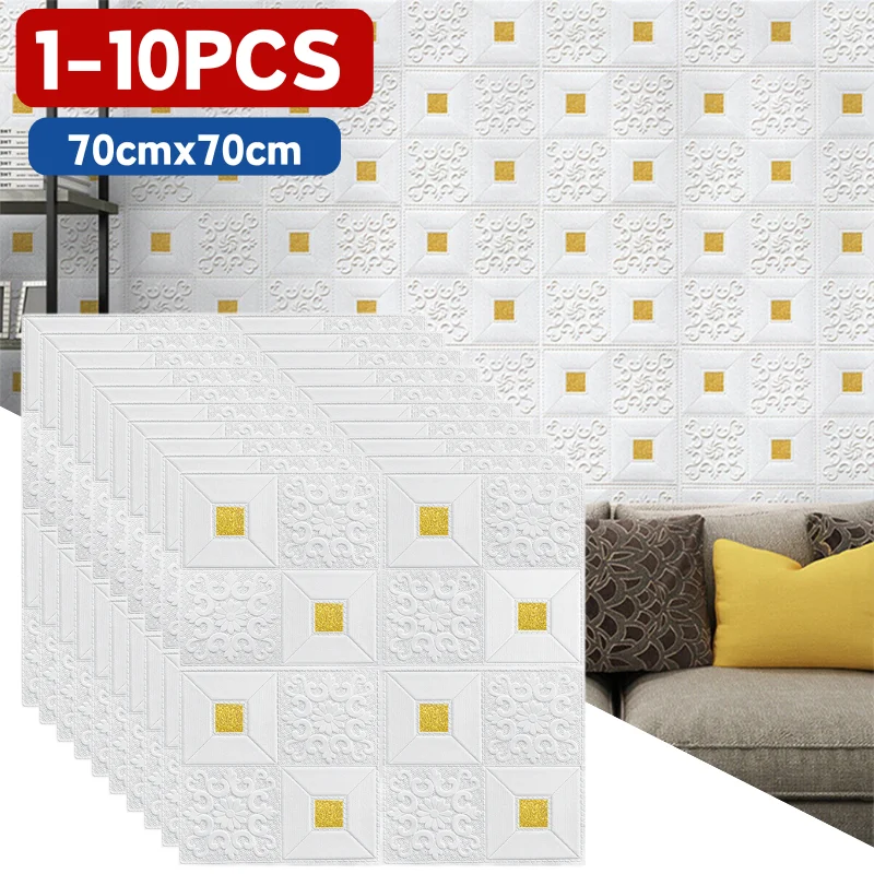 1-10Pcs 70*70cm golden brick foam wallpaper wall sticker self adhesive panel ceiling home interior background decor