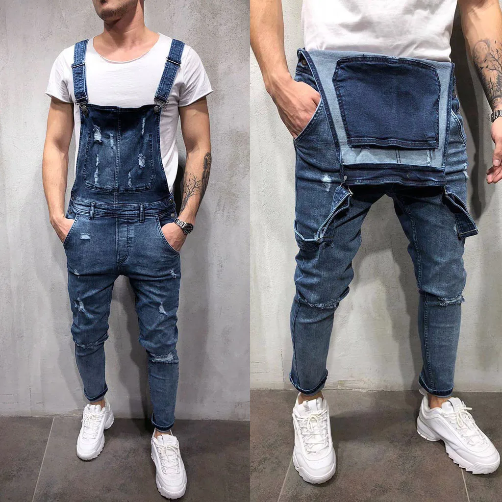 

Men's Overall Casual Pants Jumpsuit Male Jeans Wash Broken Pocket Trousers Fashion Streetwear Suspender Pants For Men