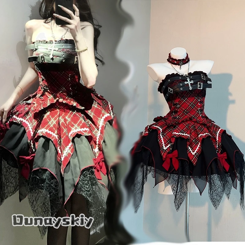 aBcNiN@Goth Spider Web vestido con corsé de encaje disfraces de cosplay calentadores de piernas tartán a cuadros con cinturón Mini vestido con volantes Halloween