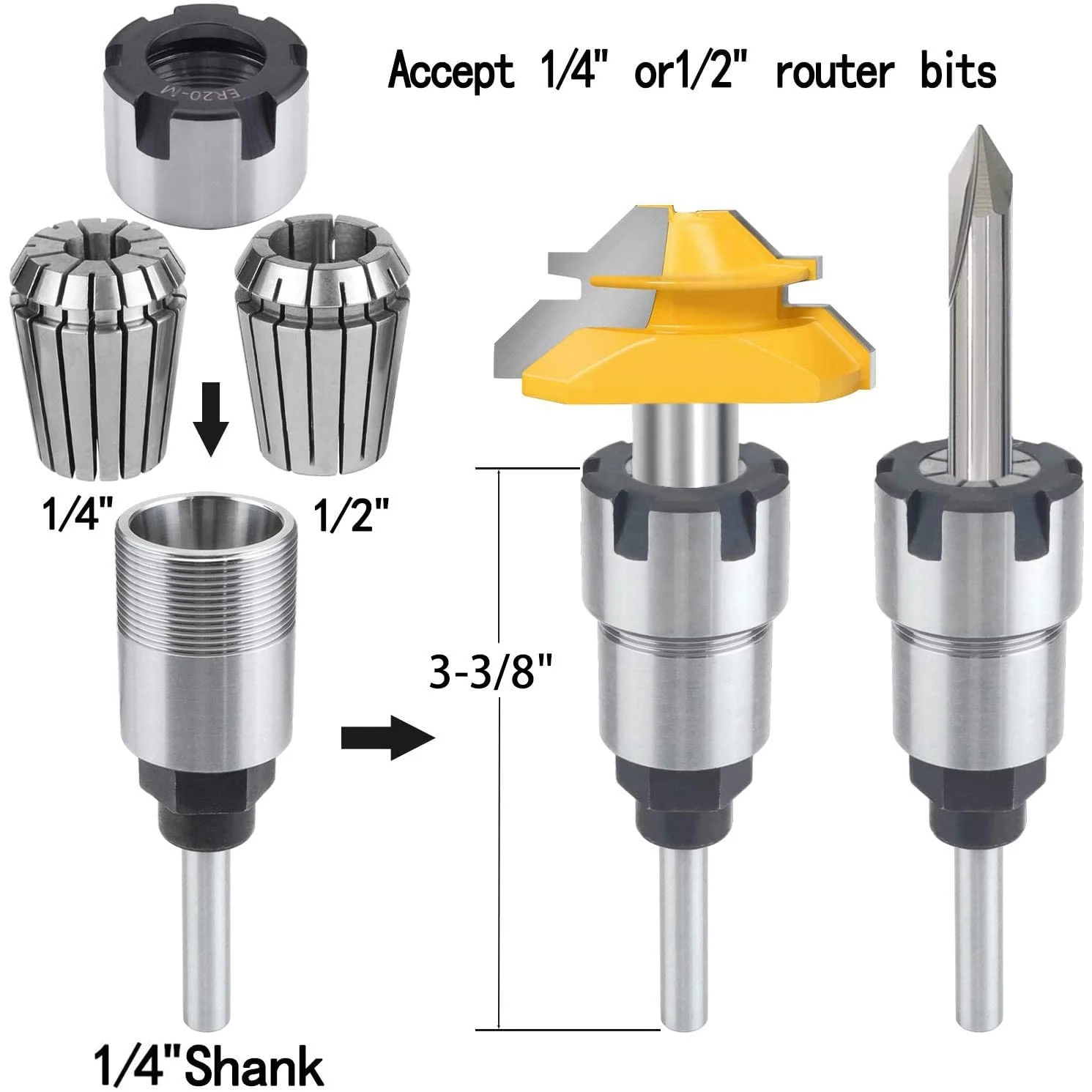 Shank Router Bit Colle Collet Extension Chuck Converter Adapter,Convert 1/2,1/4-Inch Shank Bit with ER20 Spring Collet