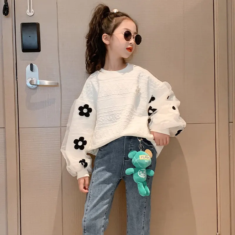 Autumn New Children Sweatshirt with Flower Clothes Cute Kids Girls Solid Color Korean Sweatshirt Fashion Teenager School Tops