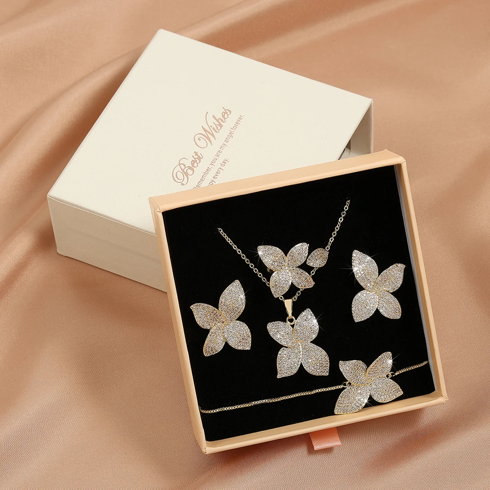 ZAKOL Luxury Micro Pave Setting Cubic Zirconia Leaf Earrings Ring Bracelet Necklace Gorgeous Dubai Jewelry Set For Dinner Party