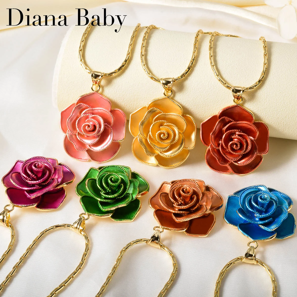 Diana Baby Colorful Flower Charm Jewelry Sets Gold Color Pendant Romantic Necklace 7 Colors Bracelet Earrings Ring Luxury