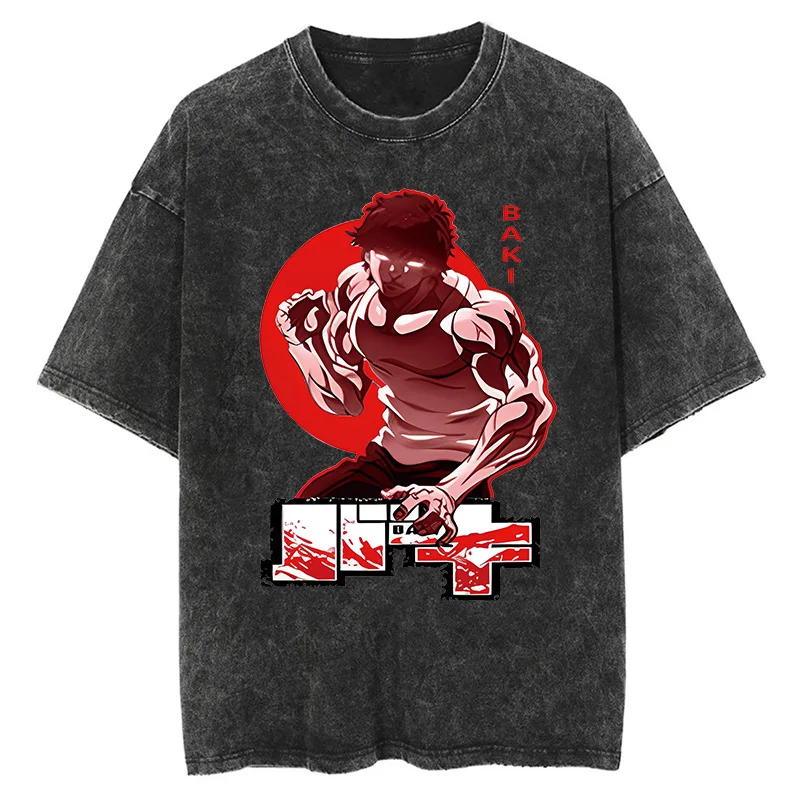 Baki Print Vintage Cotton Tees for Men Women Summer Casual Oversized T-Shirt Tees Gym Workout Training Short Sleeve Tops Outfits