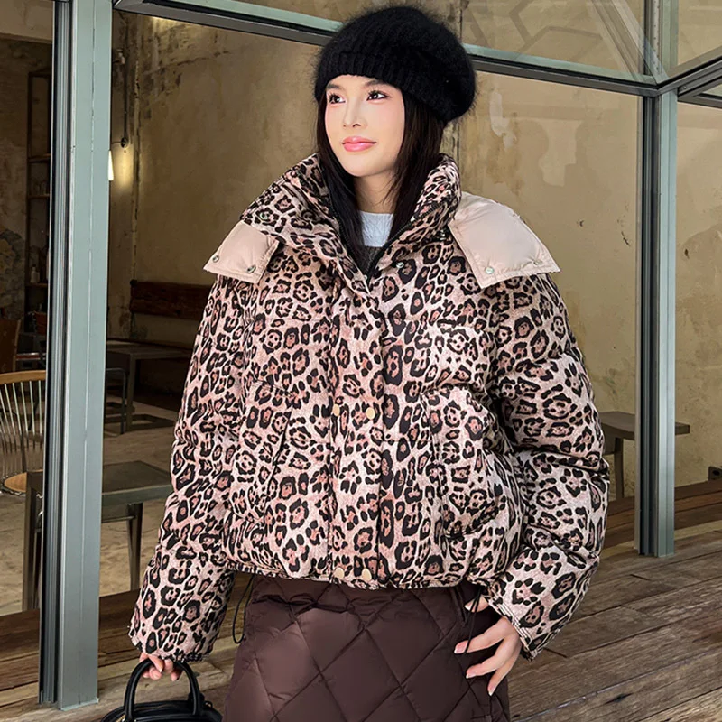 Estilo coreano casual inverno algodão puffer jaqueta senhoras engrossado solto ajuste casaco com capuz leopardo impressão boné removível