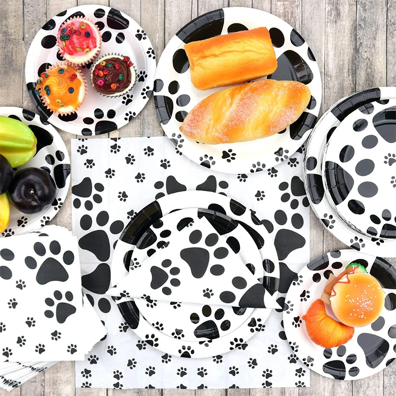 Black Dog Paw Prints Disposable Tableware Set Puppy Themed Paper Plates Cups Napkins Pennants Baby Shower Birthday Party Decor