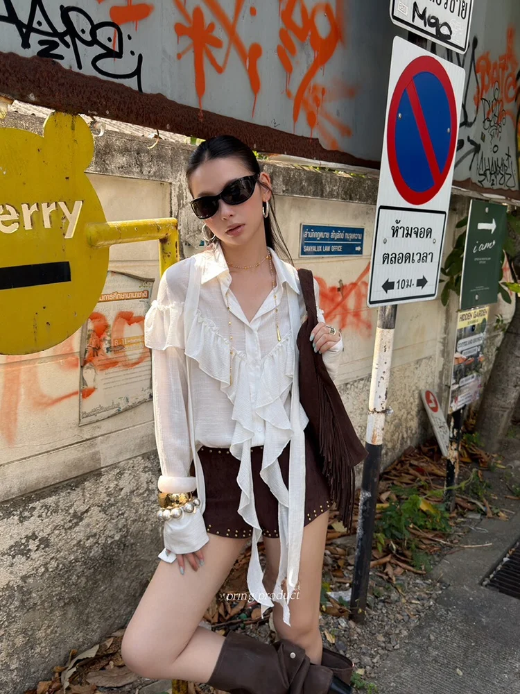 

Suuzouu2026 Early Spring New Korean Style Long Sleeve Loose Women's Shirt with Flounce Hem Casual Versatile Cotton Blend Poly...