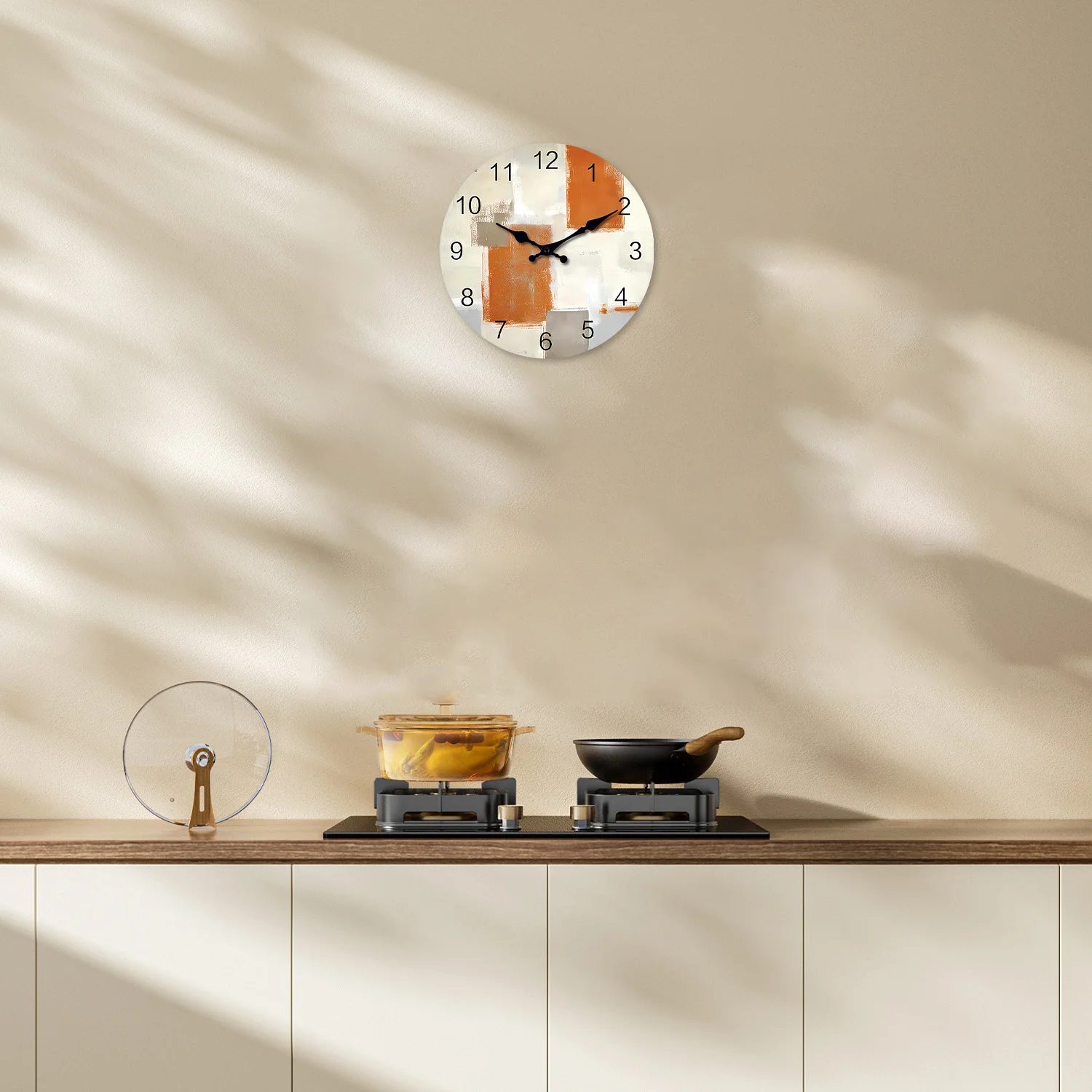 Modern Art Abstract Orange Gray Pattern Wooden Wall Clock Living Room Bedroom Kitchen Home Decor Silent Quartz Clock Holiday Gift 10 Inch 12 Inch 14inch 16inch (No Battery)
