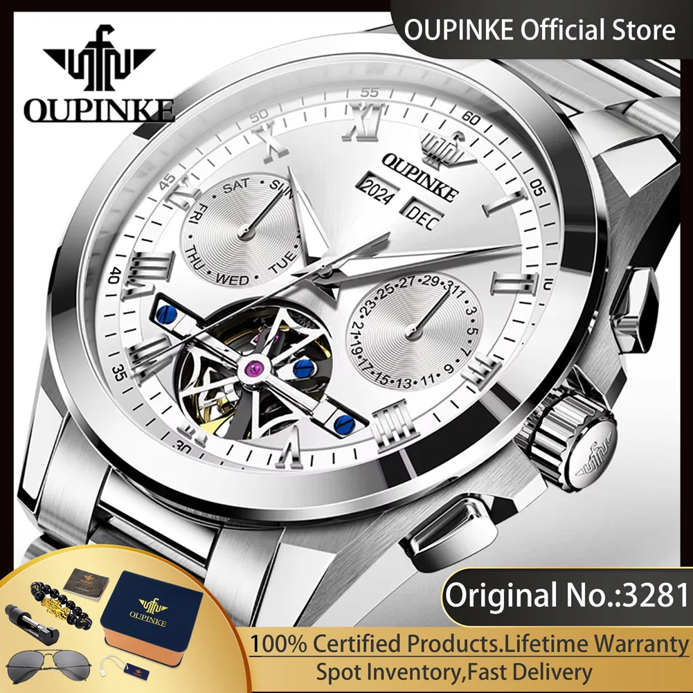 OUPINKE 3281 ساعة رجالية مجوفة دولاب الموازنة الفولاذ المقاوم للصدأ ساعات رجالية فاخرة العلامة التجارية الأصلية ساعة ميكانيكية أوتوماتيكية للرجال #1