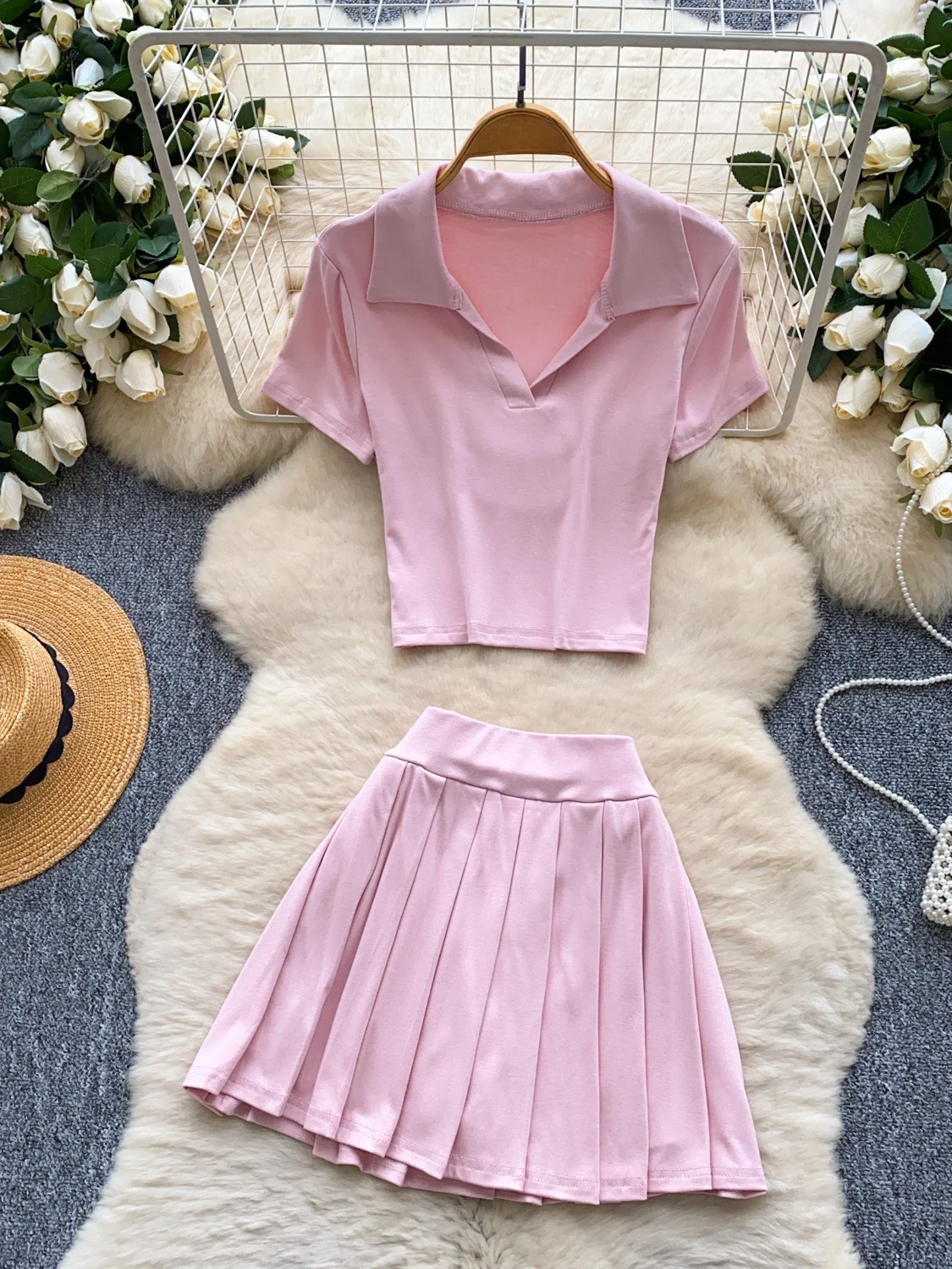 

Summer Casual Pure Desire Women's Two-Piece Set Korean Sle Collar ort Sve Sweet Pleated Skirt Ensemble