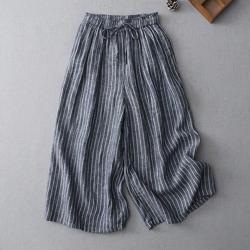 

Straight Pants for Women Striped Loose Casual Vintage Summer Literary Korean Style Elastic Waist Flowing Trousers Wide Leg Pants