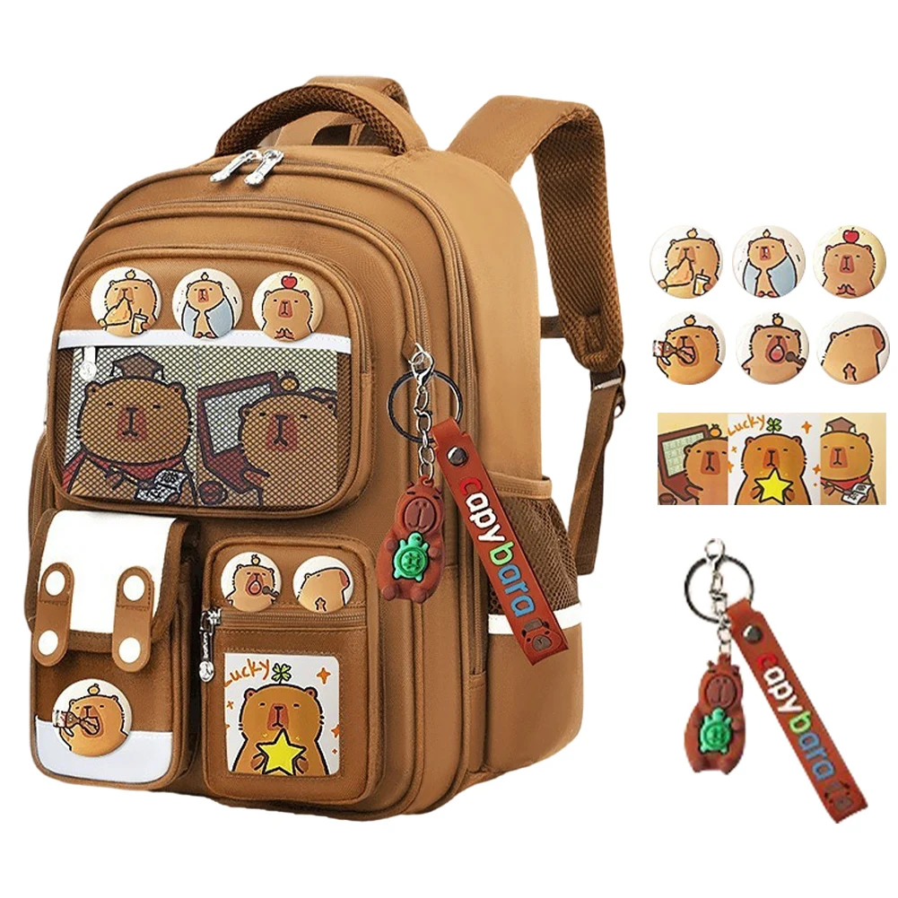 Tas Sekolah Capybara Kawaii Kapasitas Besar Ransel Harian Menggemaskan Multi Saku Kain Oxford Ransel Perjalanan Liburan