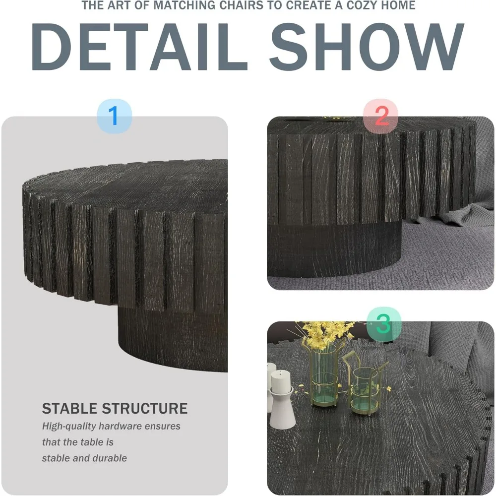 طاولة قهوة حديثة مخددة ريفية - طاولة مركزية بقاعدة خشبية مستديرة لغرفة المعيشة، مثالية للشقق والمعاصرة