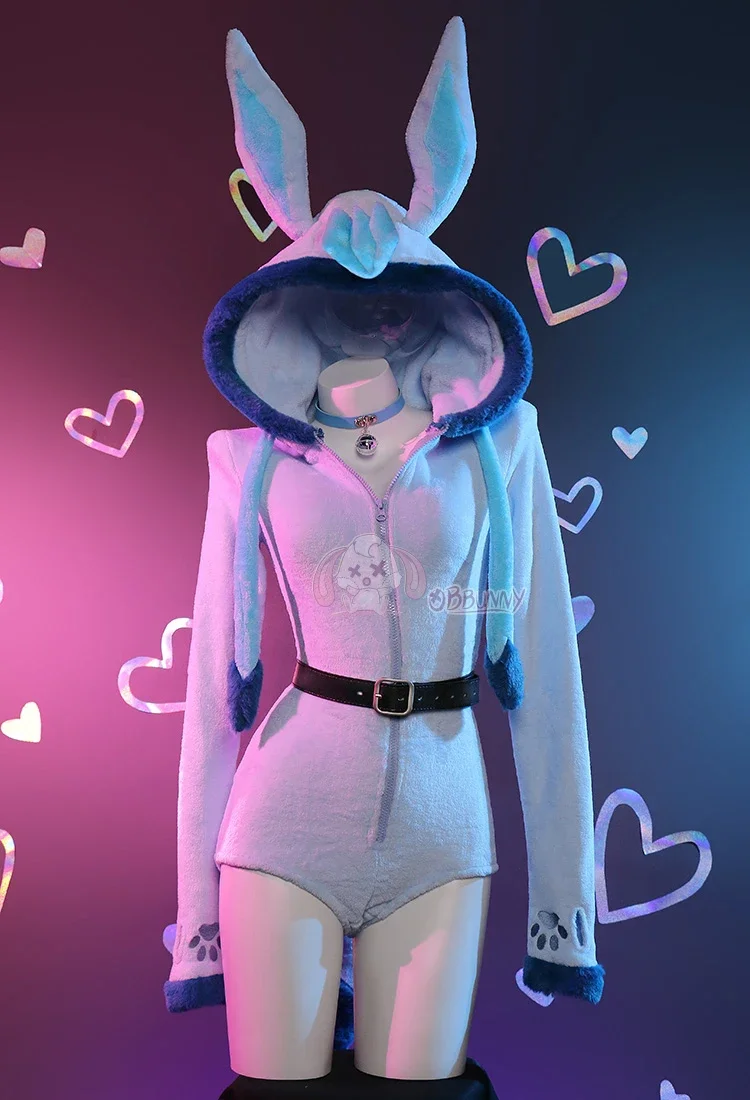 Fluffy Bodycon Romper Sexy Lingerie Anime Derivative Blue Furry Hooded Bodysuit Vaporeon cosplay Homewear with Tail Belt Socks