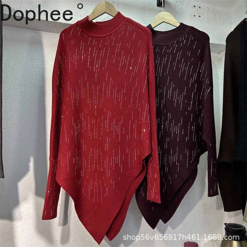 

New Autumn Winter Half High Collar Long Sleeve Knitted Shirts Irregular Loose Pullover Top All-match Mid-long Diamonds Sweaters