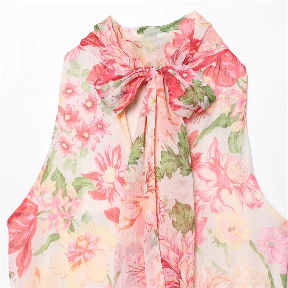 Verão feminino novo fino ajuste cinto em camadas impressão decorativa gola sem mangas vestido longo