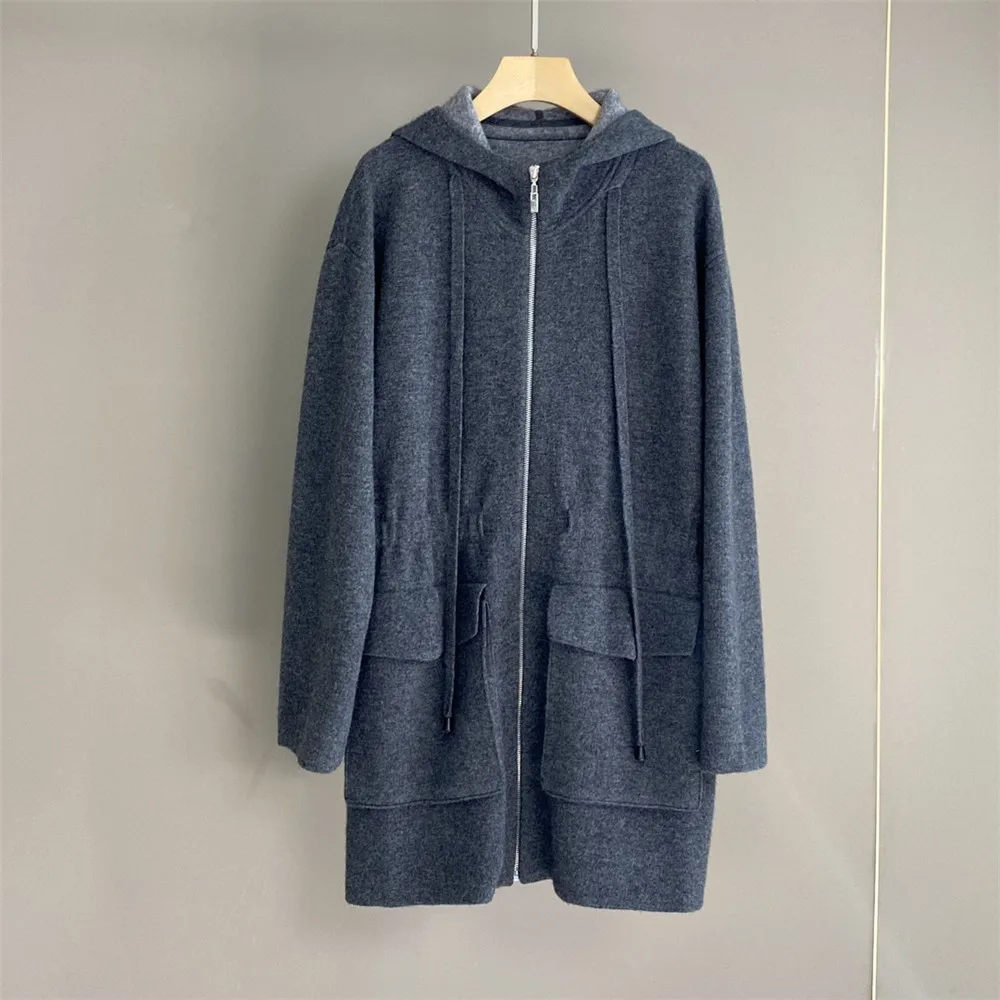 Women's Hooded Med- Long Coat Autumn and Winter Cashmere Drawstring Knitted Cardigan CoatS