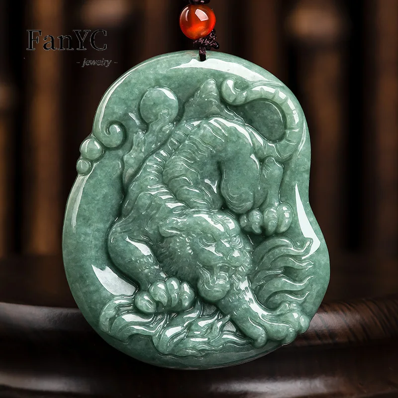 Natural Jadeite Tiger Roar Pendant Hand-Carved Tiger Motif Fashionable Luxury Bean-Shaped Jade Necklace Unisex Holiday Gift