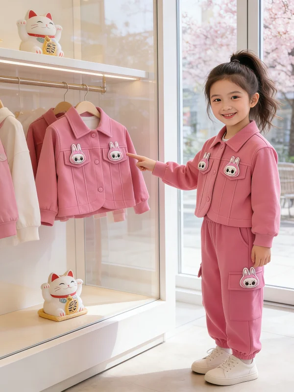 

Весенний комплект 2026: Детский повседневный удобный костюм из двух предметов с мультяшным принтом, милый костюм для девочек, хлопковые брюки с отложным воротником и длинными рукавами