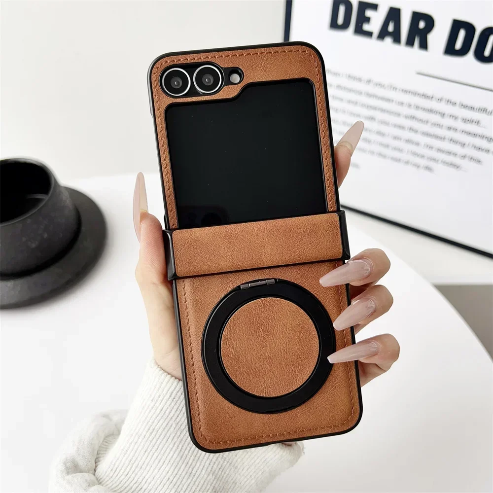 Magnetische drehbare Halterung Leder Handyhülle für Samsung Galaxy Z Flip 7, 6, 5, 4, 3, Flip6, Flip5, Flip4, Flip3, Scharnier-Schutzhülle