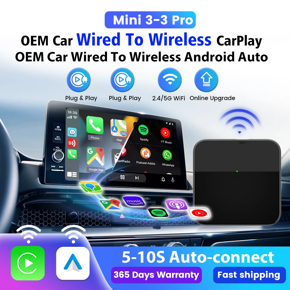 

Mini 3.0 Wireless Carplay Box Auto Connection For Toyota Mazda Nissan Camry Kia Audi Mercedes Volvo OTA Upgrade Plug And Play