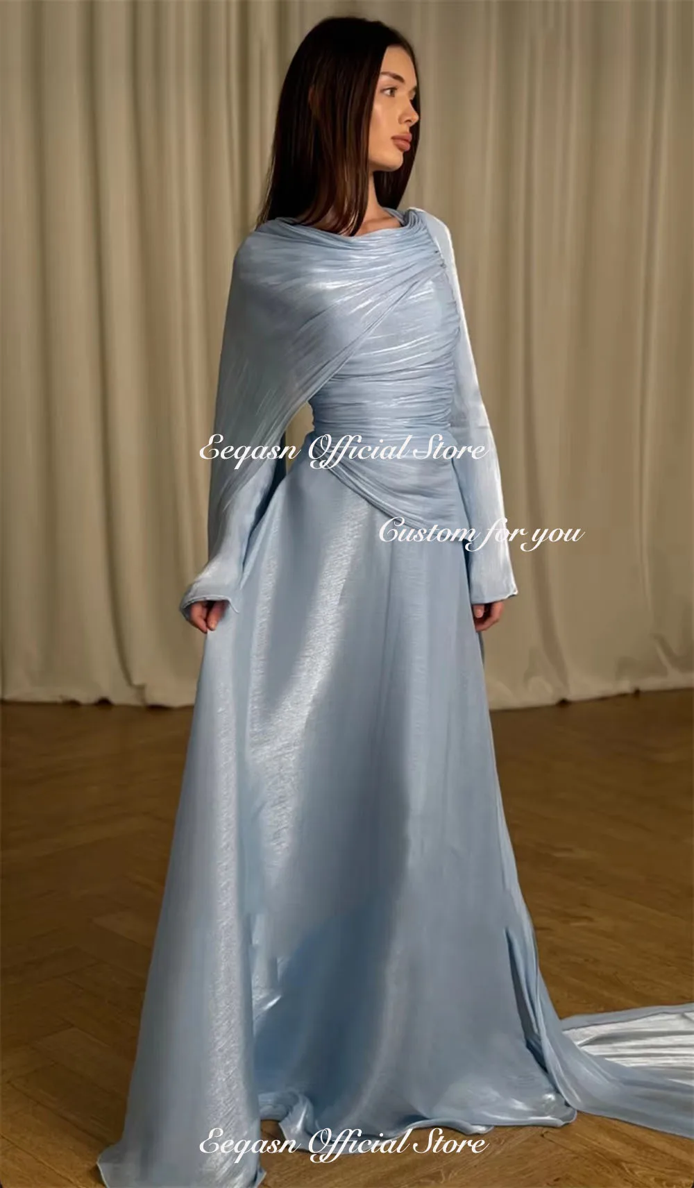 Customized Shiny Satin Matching Pleat Ruched A Line Long Dresses Evening Dress Formal Gown Sizes Available Chinese Style