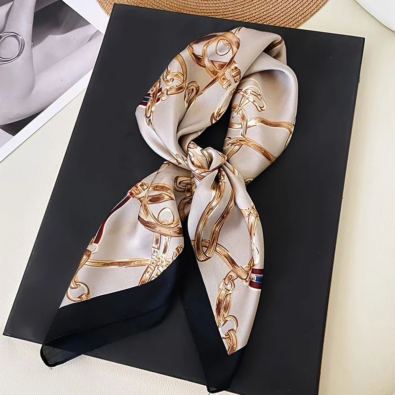 1pcs 70cm Stirrup Chain Printed Silk Scarf Women Imitation Silk Trendy Temperament Headwear Bag Decoration Clothing Square Scarf