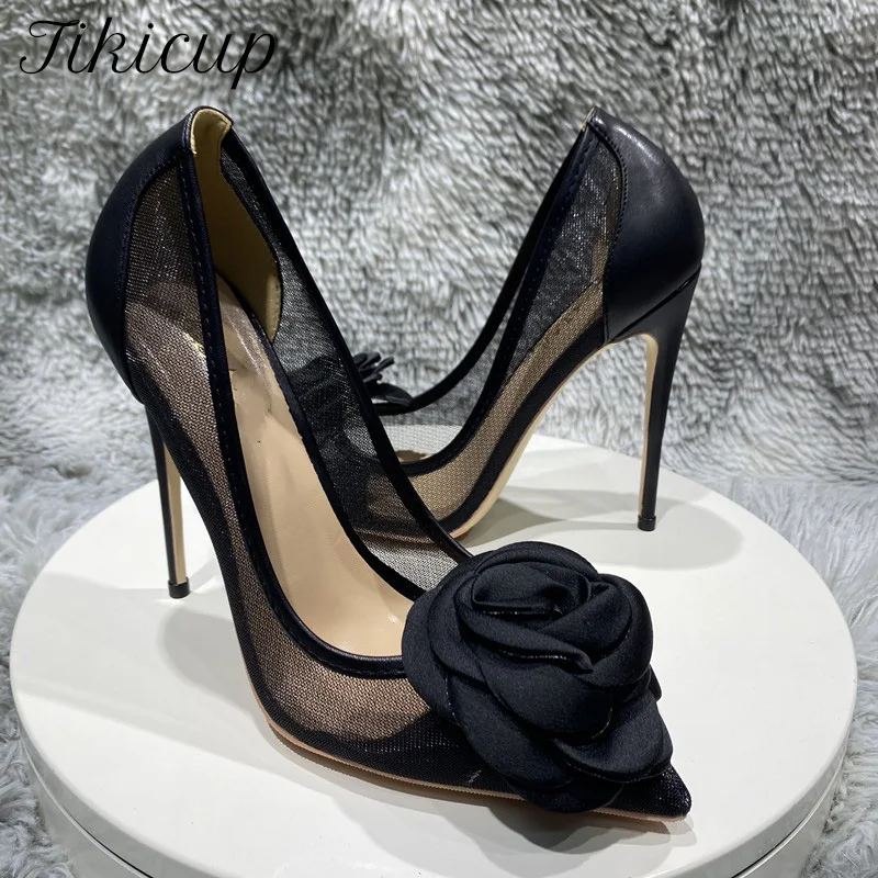 Elegant Women Flower Pointy Toe High Heels Sexy Patchwork Black Mesh Gauze Stiletto Pumps Party Man Crossdresser Unisex Shoes