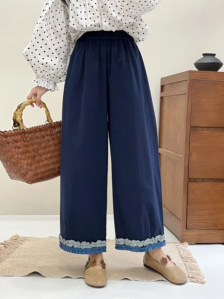 กางเกงขายาวทรงตรงเอวสูงผ้าฝ้ายเนื้อนุ่ม ดีไซน์ต่อผ้าแฟชั่นสำหรับผู้หญิง