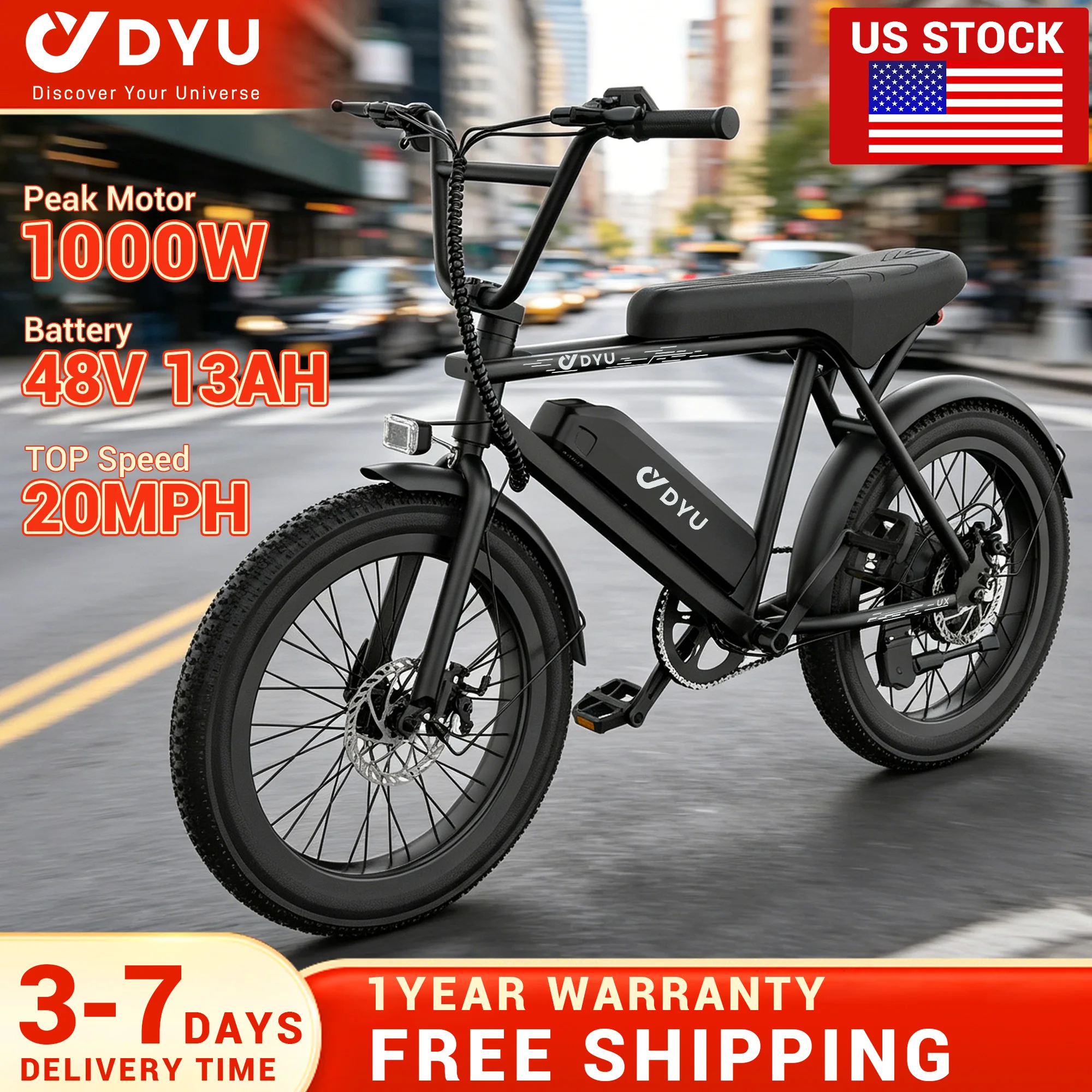 

DYU BMX Electric Bike 20*3.0 Fat Tire E-Bike 48V 13Ah Removable Battery 1000W Peak Motor City Electric Bicycle for Adults