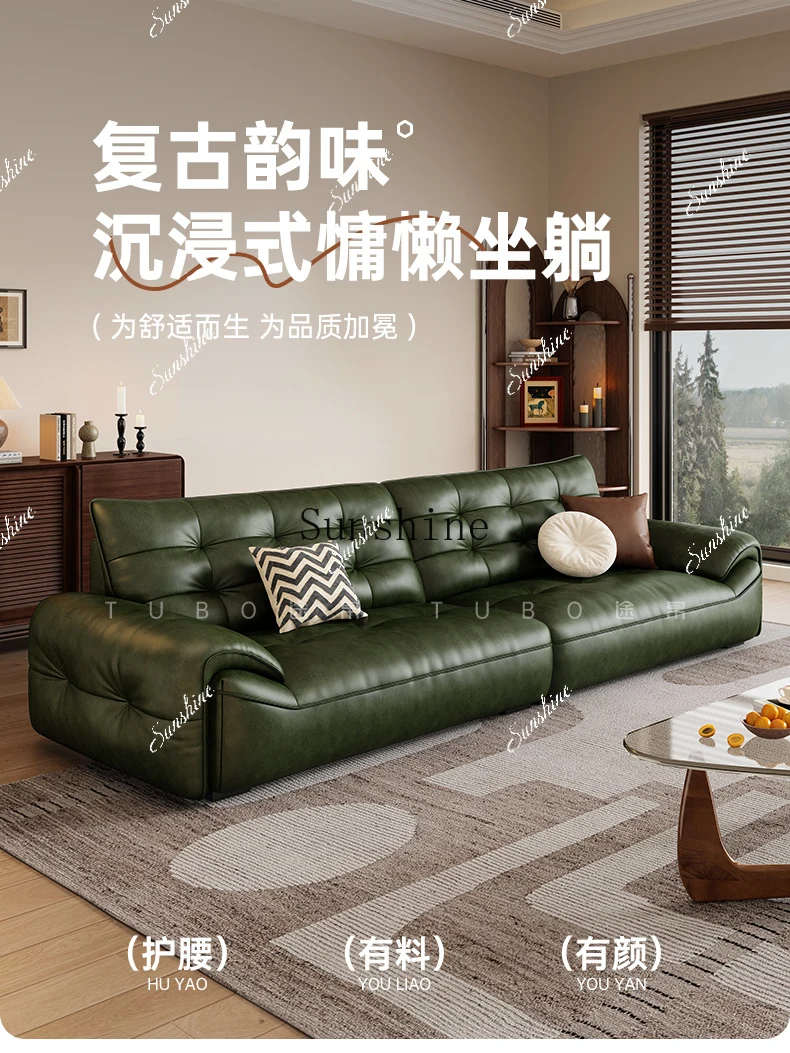 Medieval style living room oil wax first layer cowhide small apartment straight row wide seat deep sofa  FT