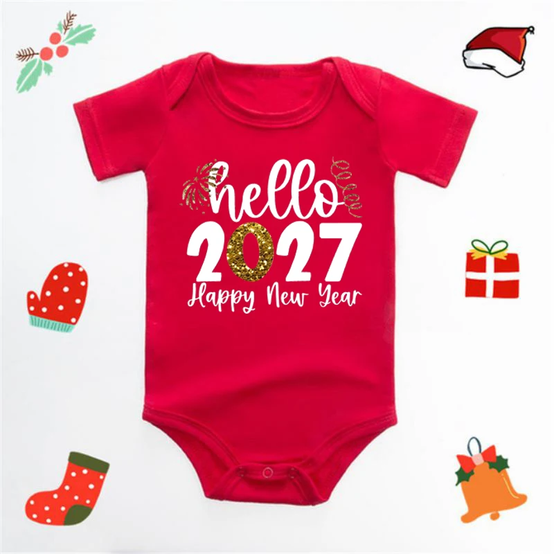 Hello 2027 Printed Baby Bodysuit Romper Happy New Year Newborn Baby Outfit Jumpsuit Infant Short Sleeve Onesies Clothes