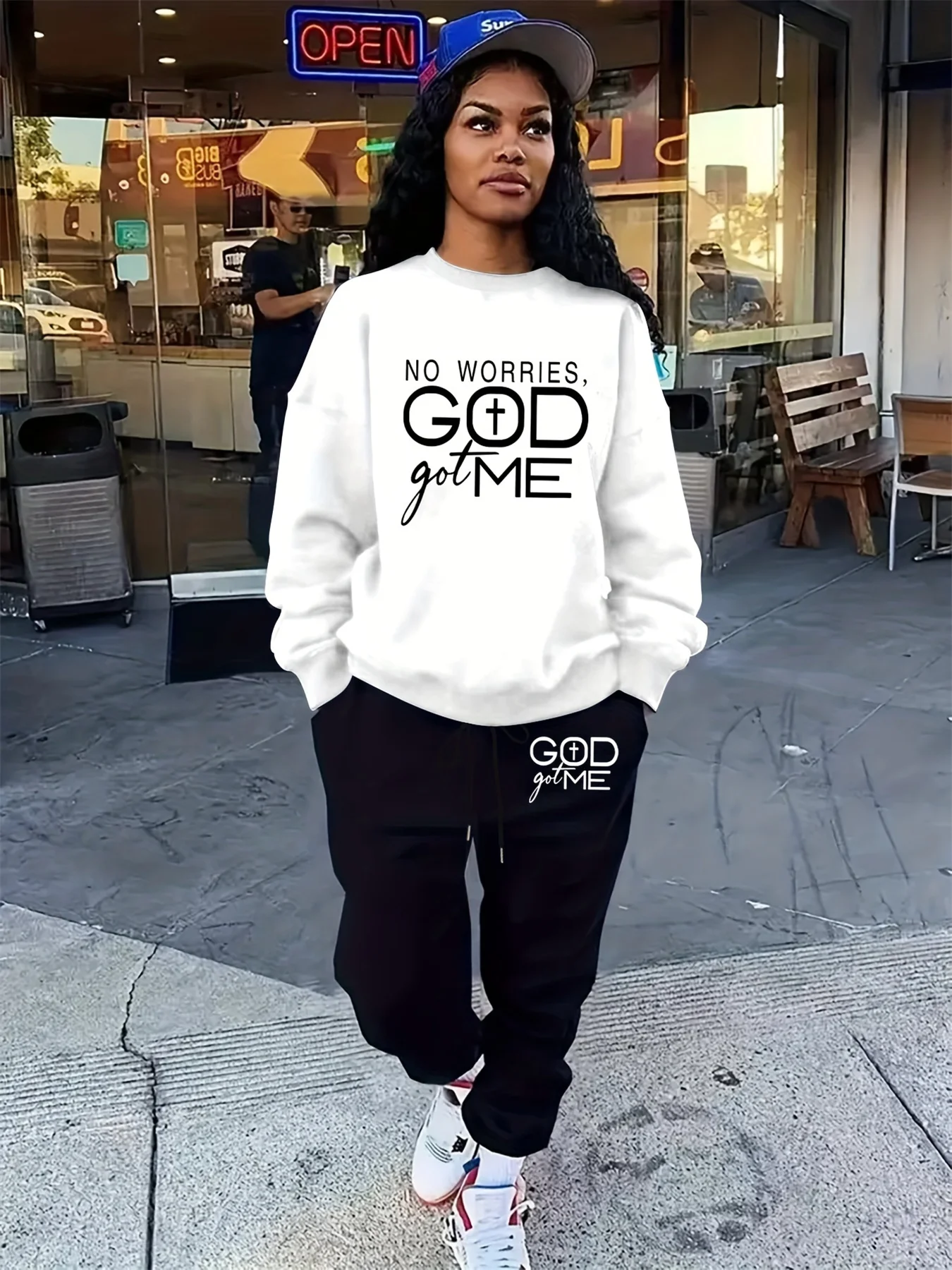 Women's autumn and winter hip-hop casual street fashion letter pattern printed round neck sports shirt+sports pants warm set