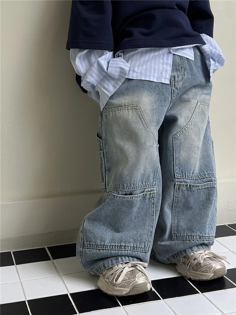 

Осенние модные повседневные джинсовые брюки для мальчиков-подростков, широкие джинсы-карго, школьные брюки для маленьких детей, прямые мешковатые стильные брюки 5-14 лет