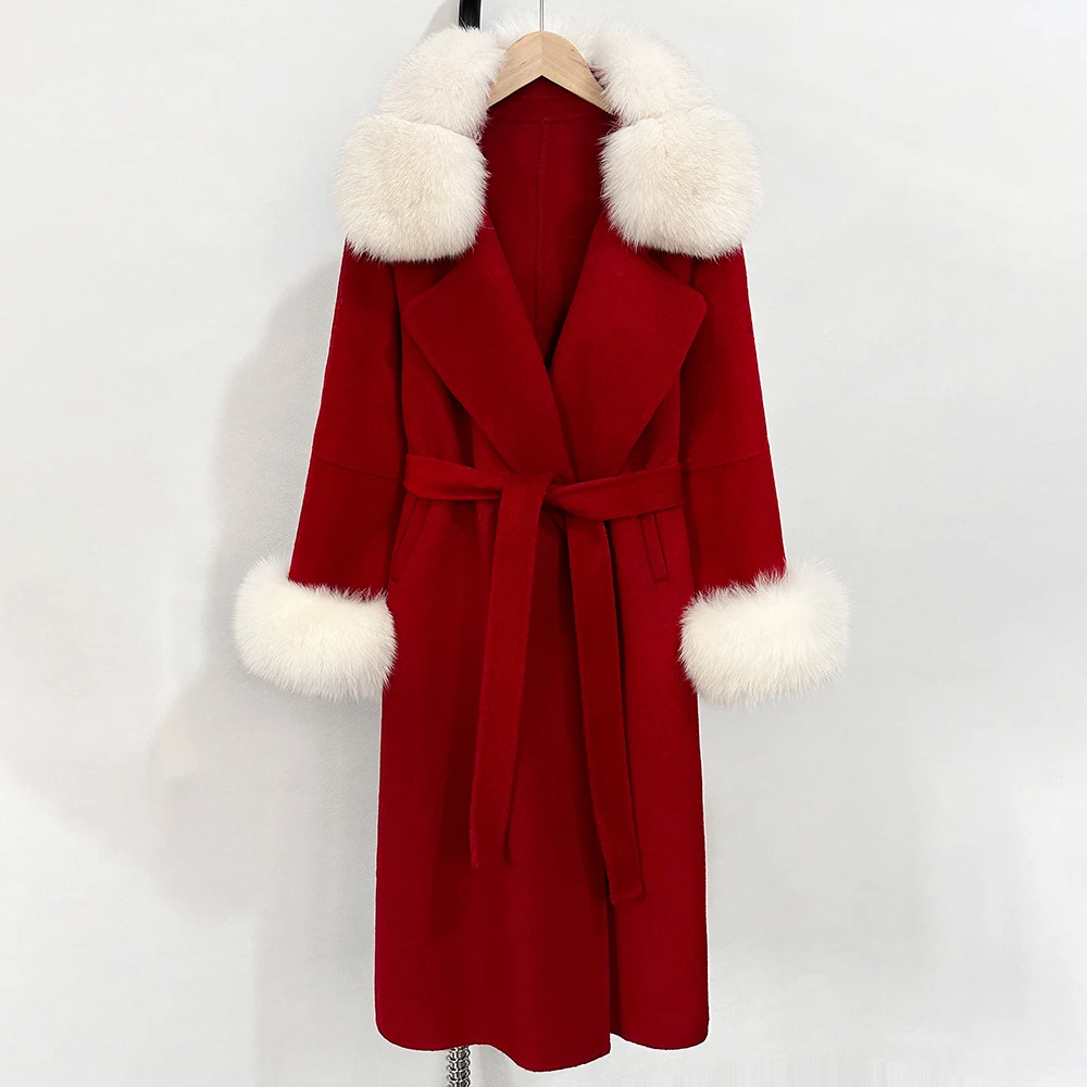 

Reality Fur Coat Woolen Women Autumn Female Real Fur Jacket New Fashion Warm Wool Blend Coat Spring Long Big Fox Fur Cuffs