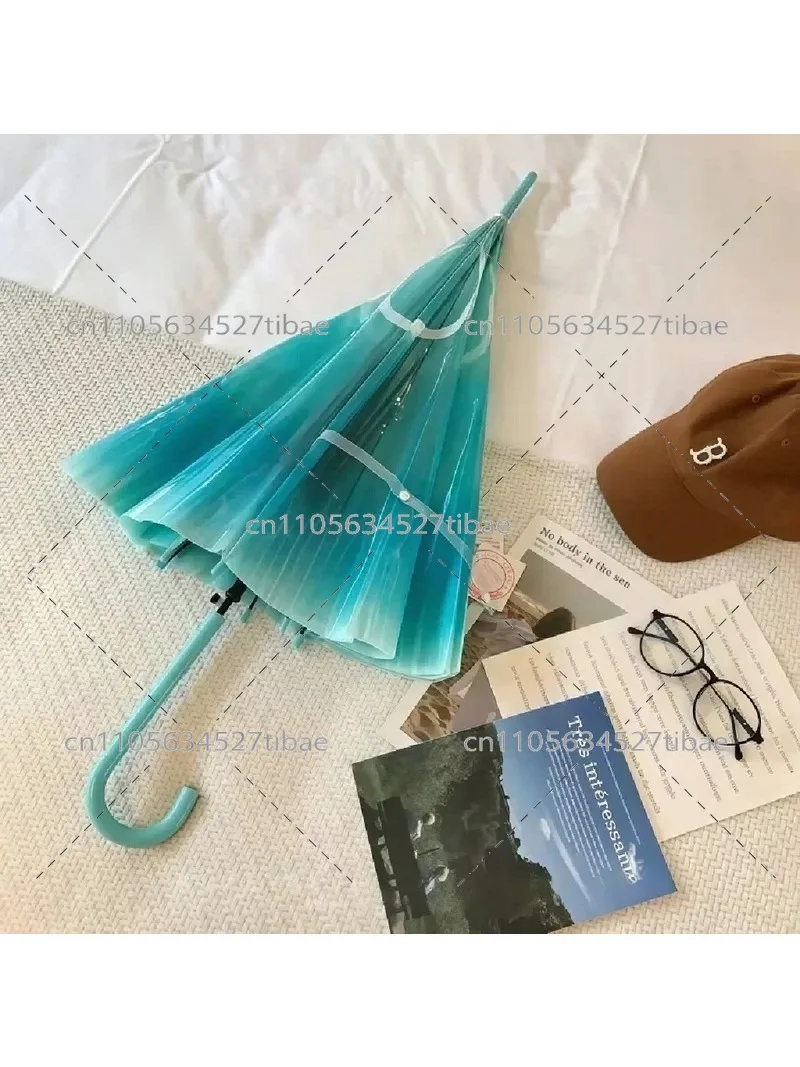 Fashion Romantic Sea Moon Jellyfish Transparent Umbrella Gradient Water Blue Curved Hook Straight Handle Waterproof