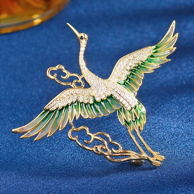 Chinese Style Auspicious Cloud Flying Crane Enamel Brooch Micro Paved Lucky Blessing Pin For Cheongsam Coat Dress Daily Jewelry