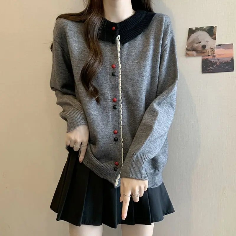 Gray Series Knitted Cardigan Sweater Jacket Plus Size Women's New Style Fat Mm Belly Covering Doll Collar Anti-aging Top