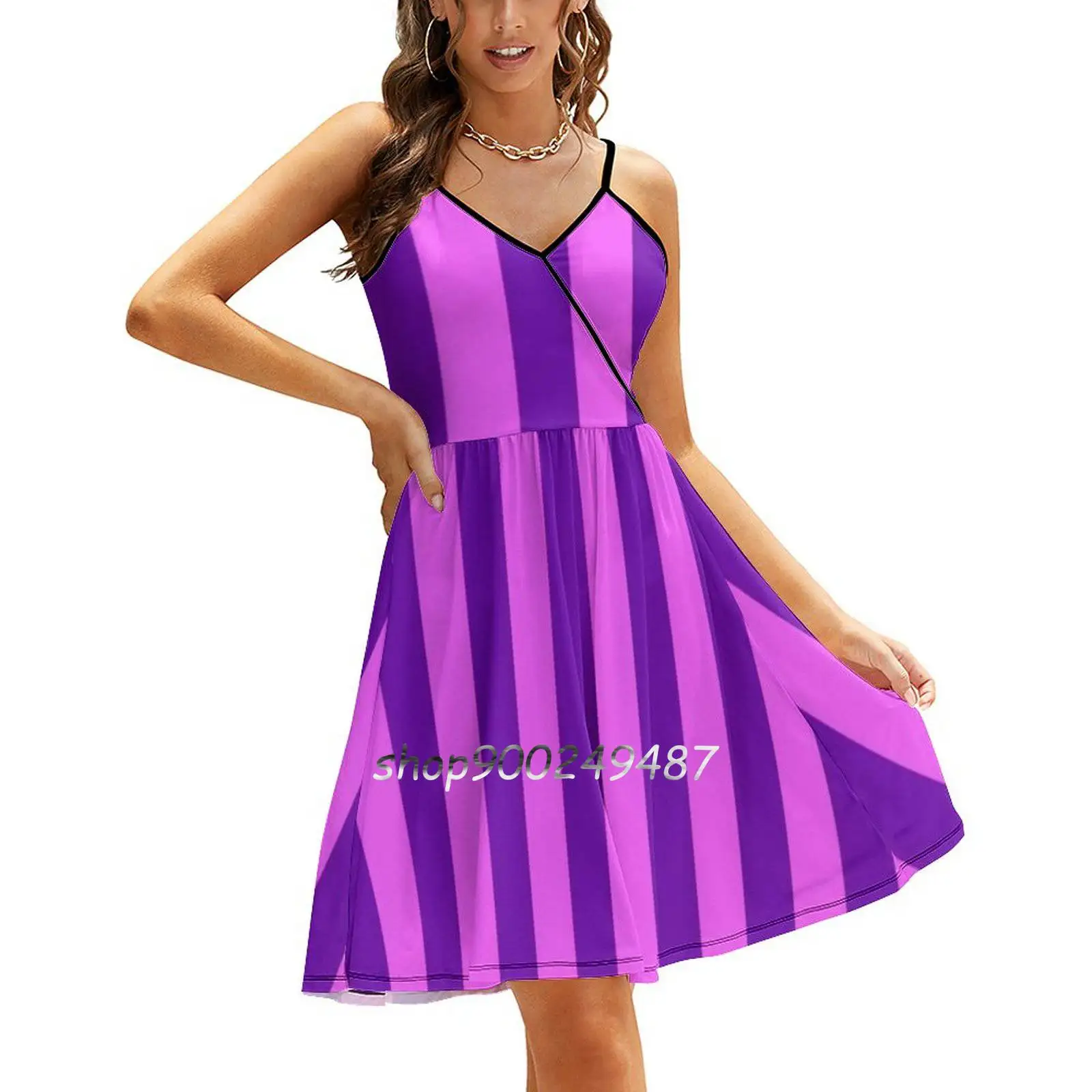 Pink And Purple Striped Dress Sling Dress Women Summer Printing Condole Belt Dresses Pink Purple Pinky Pinks Vertical Striped